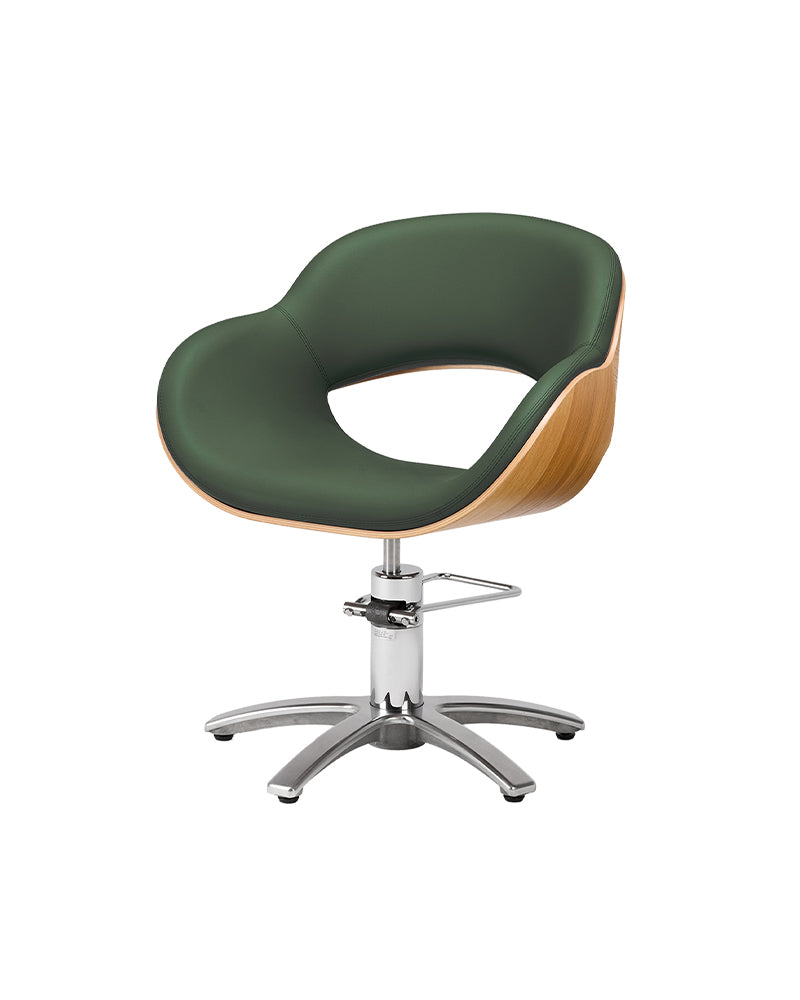 Thea Wood - Green hairdressing chair in wood with chrome cross base